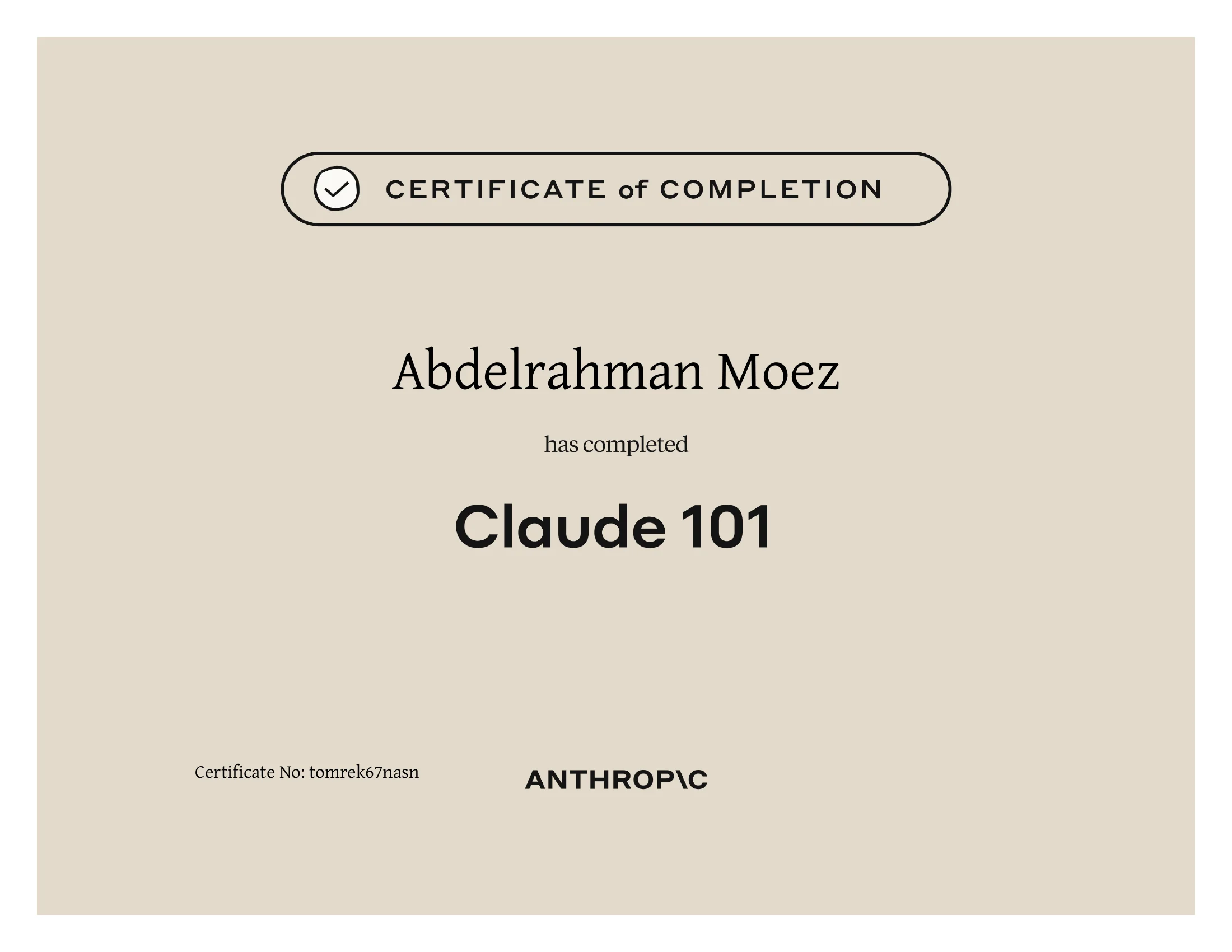 Claude 101 certificate from Anthropic