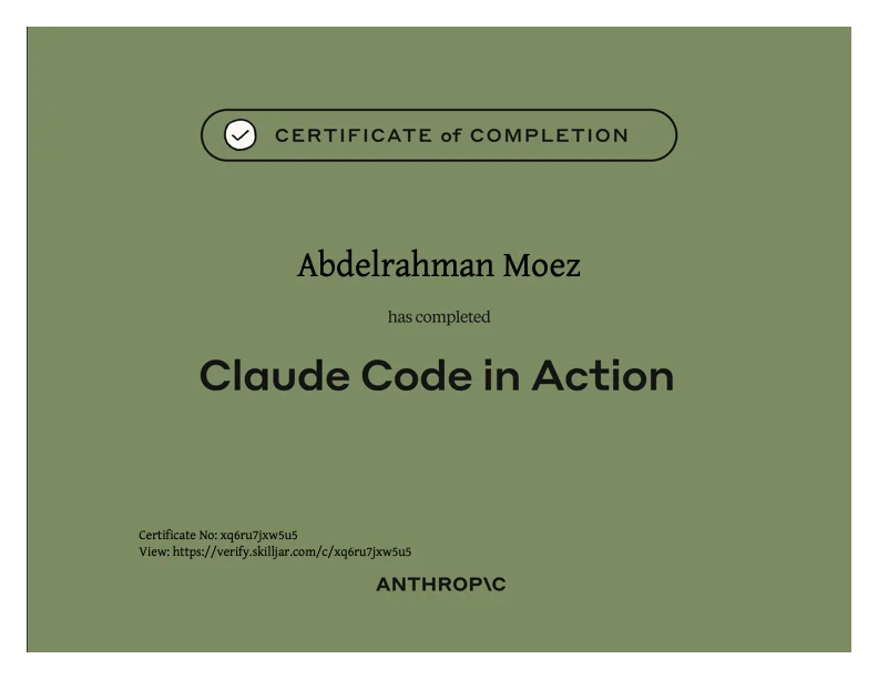 Claude Code in Action certificate from Anthropic Education