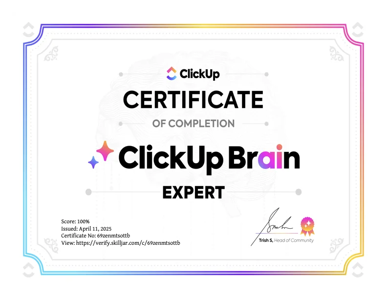 ClickUp AI: Knowledge Certification certificate from ClickUp University