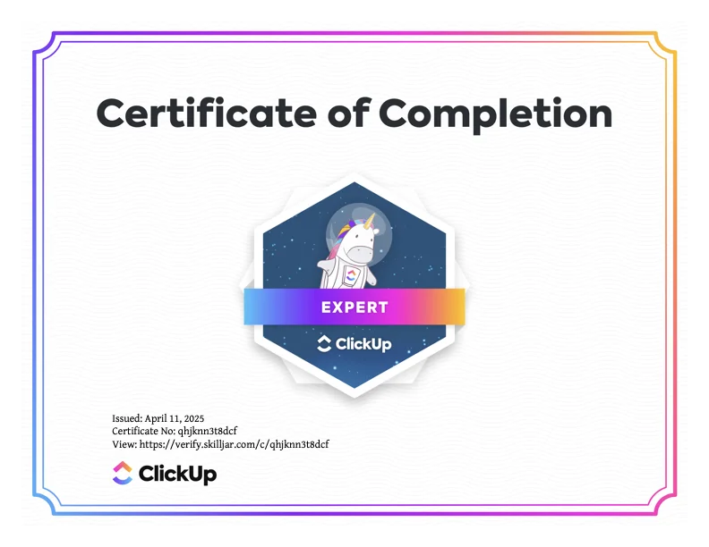 ClickUp Expert Certificate of Completion certificate from ClickUp University